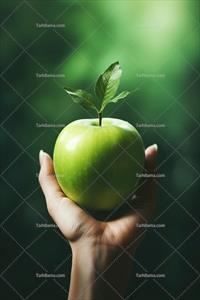 تصویر با کیفیت کلوزآپ سیب سبز در دست